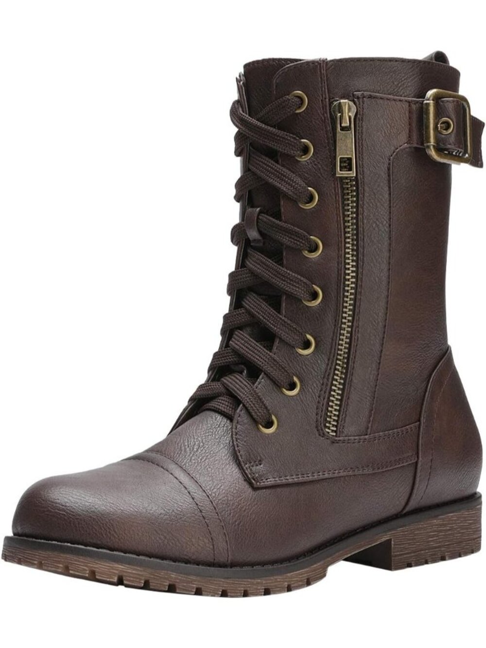 Women’s Brown Mid-Calf With Built-in Wallet Pocket and Side Zipper Combat Boots
